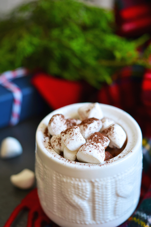 Winter drink - Hot chocolate with marshmallows and cinnamon, rustic. Christmas and a happy new year.の写真素材