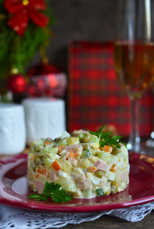 Traditional New Year's salad Russian and Ukrainian - Russian salad on the festive tableの写真素材