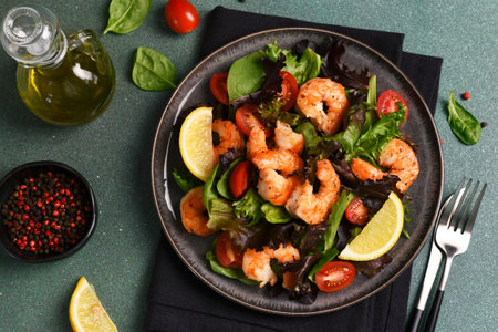 Salad with shrimp and tomatoes in a plate on a green background.の写真素材