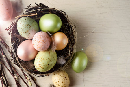 Easter card. Easter background with nest and eggsの写真素材
