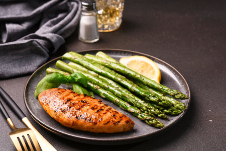 Baked asparagus and grilled chicken fillet in a plate on a dark backgroundの写真素材