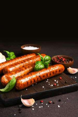 Grilled sausages with spices on a wooden board on a dark backgroundの写真素材