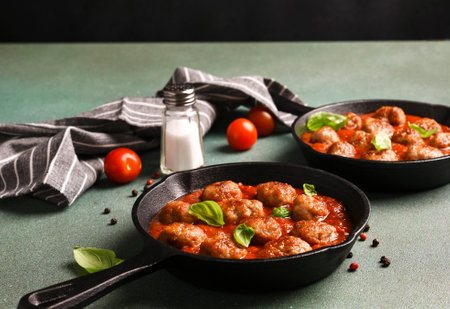 Meatballs with tomato sauce and basil in a frying panの写真素材