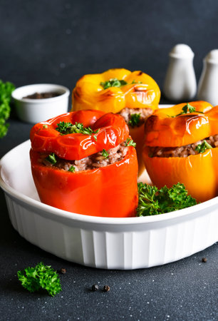 Stuffed pepper. Baked peppers stuffed with meat and riceの写真素材
