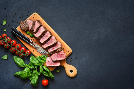 Beef with basil and tomatoes on a wooden boardの写真素材