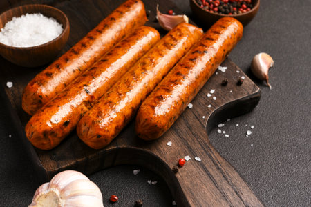 Grilled sausages with spices on a wooden board on a dark backgroundの写真素材