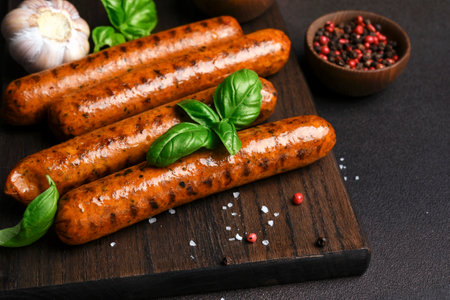 Grilled sausages with spices on a wooden board on a dark backgroundの写真素材