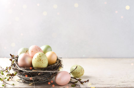 Easter card. Easter background with nest and eggsの写真素材