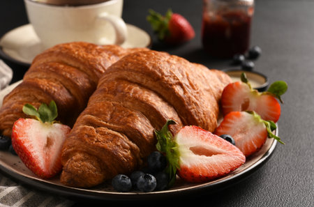 Fresh croissants with strawberries and blueberries and a cup of coffee on a dark backgroundの写真素材