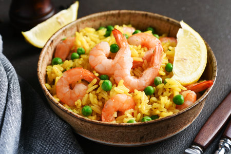 Rice with shrimp and green peas on a dark backgroundの写真素材