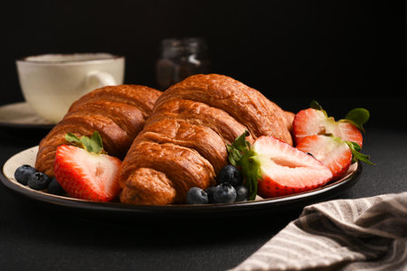 Fresh croissants with strawberries and blueberries and a cup of coffee on a dark backgroundの写真素材