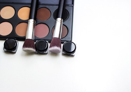 Shadows and tools makeup. Brushes and makeup sponge.の写真素材