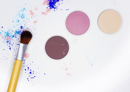 All for make-up. Fashionable brush for textures. Different eyeshadow on white.の写真素材