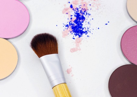All for make-up. Fashionable brush for textures. Different eyeshadow on white.の写真素材