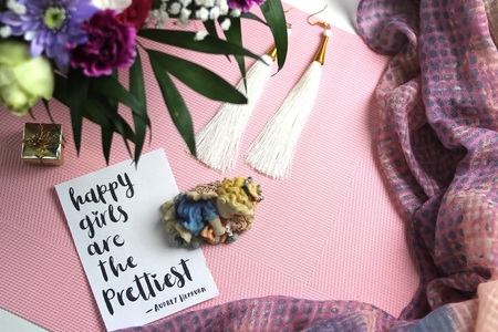 Beautiful layout of female objects with a tasty Happy girls are the prettiestの写真素材