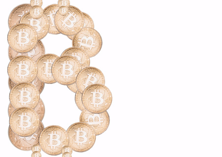Pile of golden bitcoin currency tokens isolated over the white background