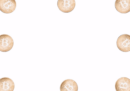 Pile of golden bitcoin currency tokens isolated over the white backgroundの写真素材