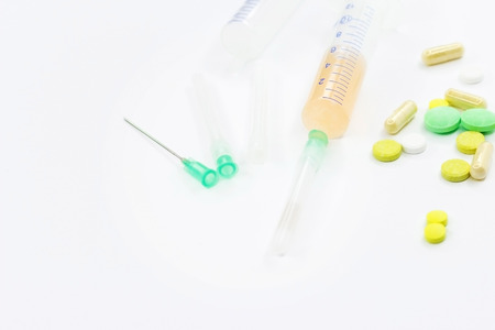 Medicine. Medical topics. Medicines on a white background. Different medications. Suicide and STOP addiction.の写真素材