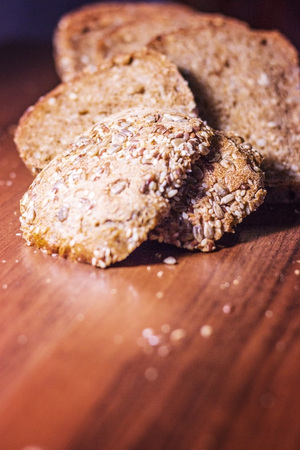 close up of dark bread on tableの写真素材