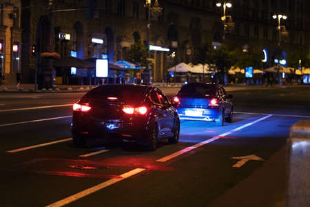 Night car lights, city car traffic jams night lightsの写真素材