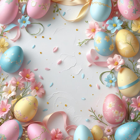 Easter background with pastel eggs, flowers and ribbons.の素材