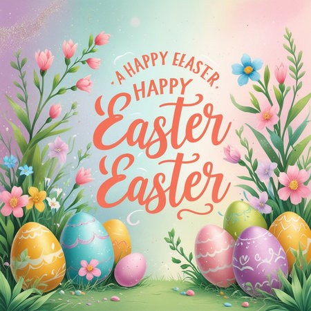 Happy Easter greeting card with colorful eggs and spring flowers. Vector illustration.の素材