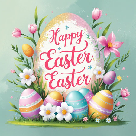 Happy Easter Greeting Card with Colorful Eggs and Flowers. Vector Illustrationの素材