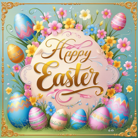 Happy Easter lettering with eggs and flowers. Greeting cardの素材