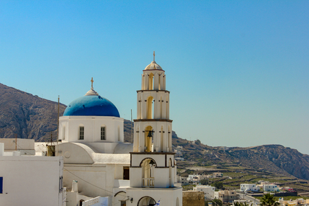The Orthodox church of Pyrgos on the island of Santorini.の写真素材