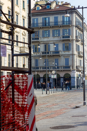 Work in progress with the streets of Milan. The danger fence with the background at shopping street. Milan 02/22/2018のeditorial素材