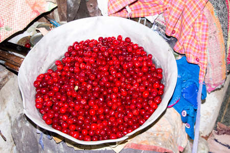 Fresh cherries in an aluminum large bowlの写真素材
