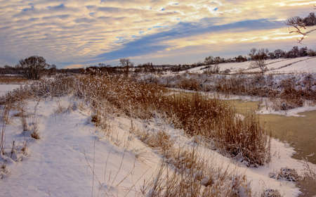 Sunday winter morning in countryside Ukraineの写真素材