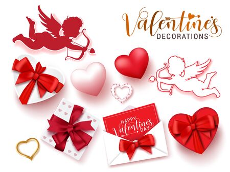 Valentines decorations vector set. Valentine day decoration of cupid, gifts, letter, and hearts element for valentine collection isolated in white background. Vector illustration.のイラスト素材