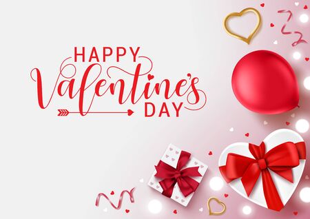 Valentines vector banner background. Happy valentines day typography greeting text with valentine elements of gifts, balloon, heart, confetti and light with empty space for messages in white background. 3d realistic vector illustration.のイラスト素材