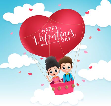 Valentine couple characters vector concept. Valentines lovers riding and dating in heart shape flying balloon with happy valentines day text. Vector illustration.のイラスト素材