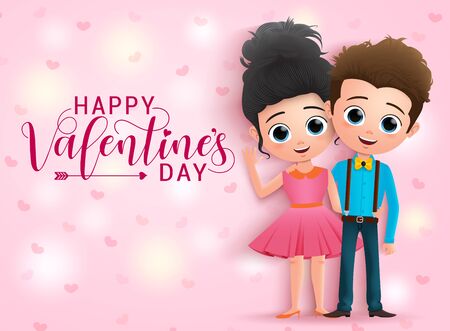 Valentines character vector concept background. Happy valentines day typography greeting  with lovers cartoon characters happy smiling and waving in pink with hearts background. Vector illustration.のイラスト素材