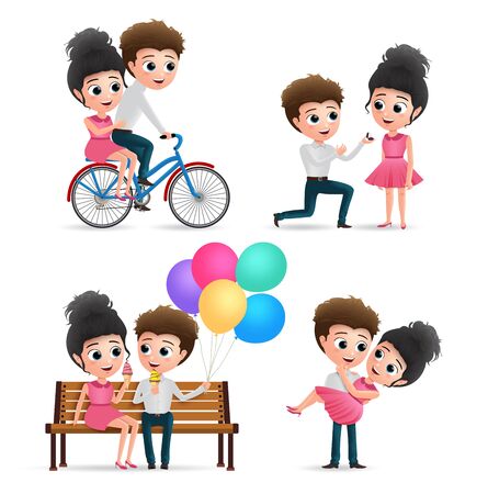 Valentine couple vector characters set. Lovers valentines character in dating, bicycle riding , proposing, sitting and eating ice cream isolated in white background. Vector illustration.のイラスト素材