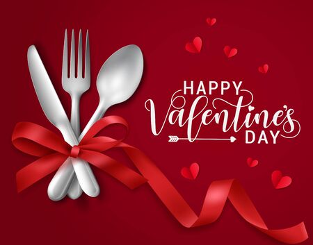 Valentines romantic dating vector banner template. Happy valentines day greeting text with dating elements like fork, spoon, knife with red ribbon and hearts paper cut in red background. Vector illustration.のイラスト素材
