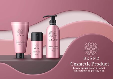 Cosmetic mock up products vector banner template. Cosmetics product moisturizing body lotion skin care for whitening and serum bottle element with pink packaging and black cap in 3d realistic design. Vector illustration.のイラスト素材