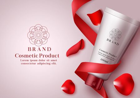 Cosmetic product vector banner template. Cosmetic product or mock up lotion bottle for body whitening and moisturizing with red cap, ribbon and rose petals in elegant background. Vector illustration 3d realistic.のイラスト素材