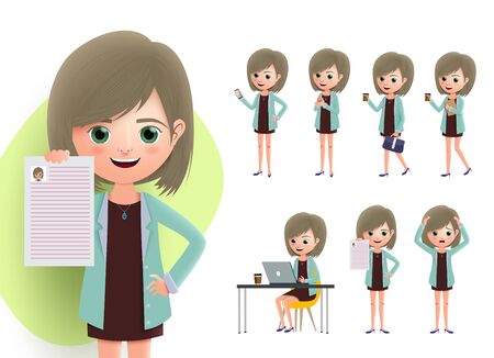 Business job female character vector set. Professional career woman character standing while holding job application and sitting in desk while searching, walking and clapping poses isolated in white background. Vector illustration.のイラスト素材