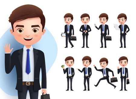 Business man vector character set. Business professional male characters in standing, waving, talking, running, walking, and reading pose isolated  in white background. Vector illustrationのイラスト素材