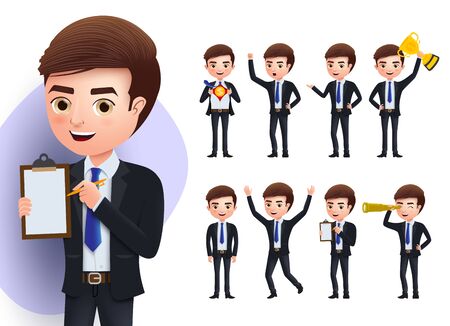 Business man characters vector set. Business office male character in talking, holding checklist, shouting, jumping and holding golden trophy while standing and different poses isolated in white background. Vector illustration.のイラスト素材