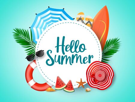 Hello summer vector background template. Hello summer greeting text in white circle frame and colorful beach element of hat, water melon, star fish, sunglasses, surfing board, umbrella, slippers, floater and sea shell in blue background. Vector illustration.のイラスト素材