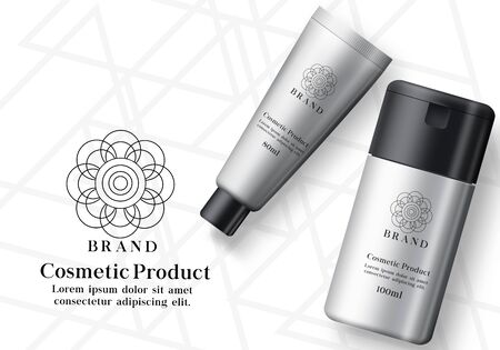 Cosmetic products vector banner set. Realistic cosmetics product or mock up of lotion and moisturizer bottle elements in white pattern background for advertising purposes. Vector illustrationのイラスト素材