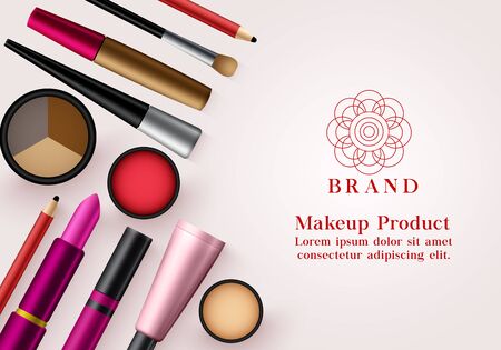 Makeup products vector banner template. Face cosmetics collection for advertising mock up beauty banner design in elegant background. Vector illustrationのイラスト素材
