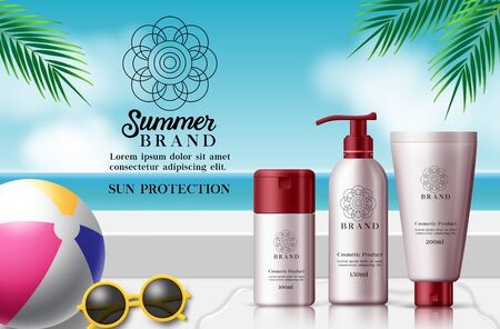 Summer cosmetic mock up products vector template. Summer cosmetic bottles skin care ads with beach elements like beach ball, shades and palm leaves in outdoor beach background design. Vector illustrationのイラスト素材