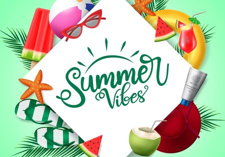 Summer vibes vector banner template. Summer vibes text with beach element of sunglasses, watermelon, hat, beach ball, floater, and sunscreen white white frame in green background. Vector illustration.のイラスト素材