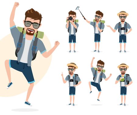 Male travel characters vector set. Man tourist traveler character in happy jumping and standing poses for summer adventure isolated in white background. Vector illustration.のイラスト素材