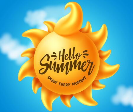 Hello summer vector banner design. Hello summer enjoy every moment text in sun element for tropical season with clouds element in blue background. Vector illustration.のイラスト素材